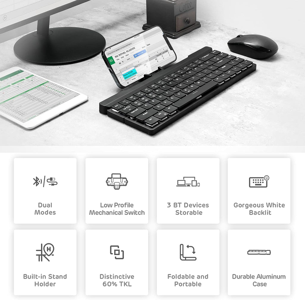 68 Keys 60% Foldable Mechanical Keyboard with Aluminum Body, White Backlit, Low Profile Clicky White Switches, Pack of 2 U206497