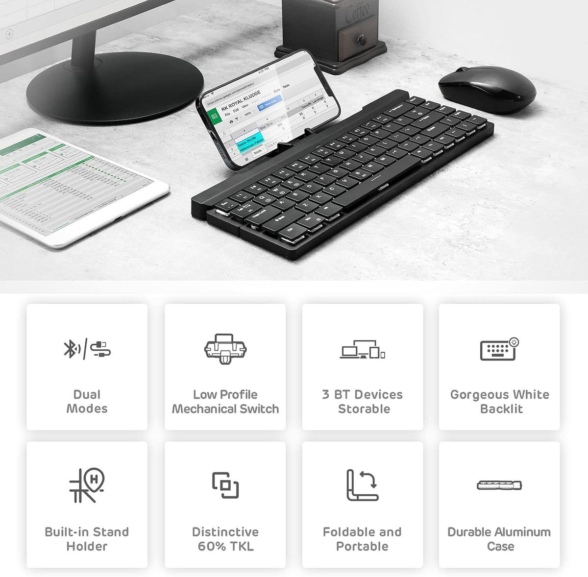 68 Keys 60% Foldable Mechanical Keyboard with Aluminum Body, White Backlit, Low Profile Clicky White Switches, Pack of 2 U206497