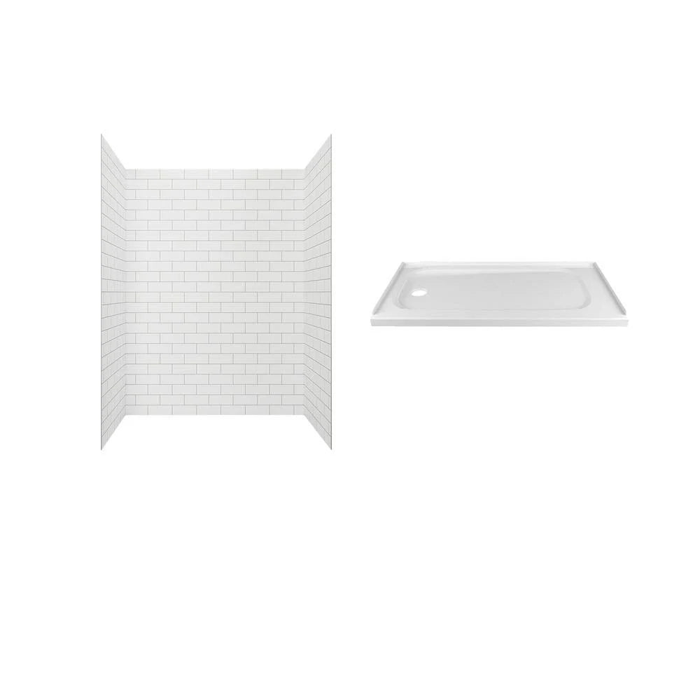60 in. x 72 in. 2-Piece Alcove Shower Wall and Base Kit with Left Hand Drain in White Subway Tile G2790