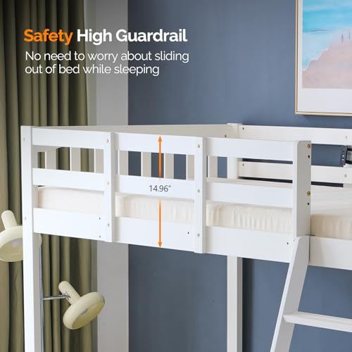 Twin Loft Bed with L-Shaped Desk and 3 Storage Drawers, Solid Wood, White Y616