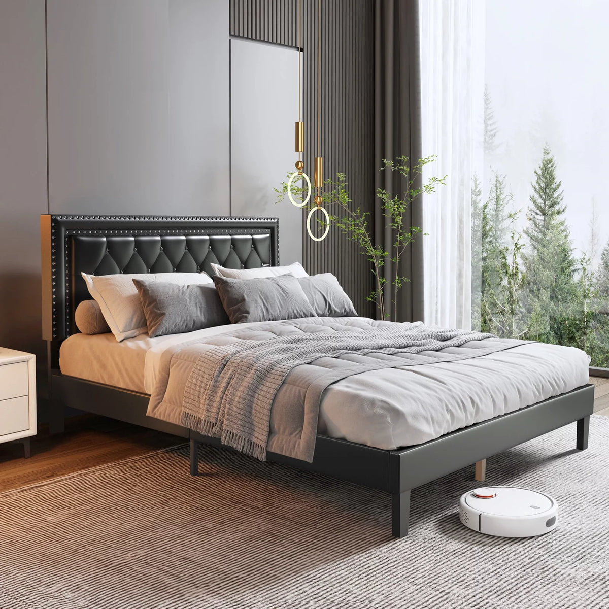 PU Leather Upholstered Platform Bed Frame Full/Queen Size Black T918