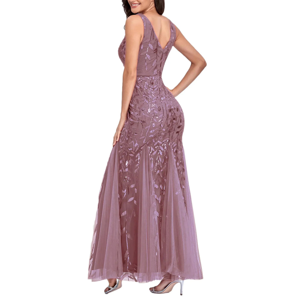 Sleeveless V-neck Tulle Embroidery Sequins Cocktail Mermaid Bridesmaid Dress J57844