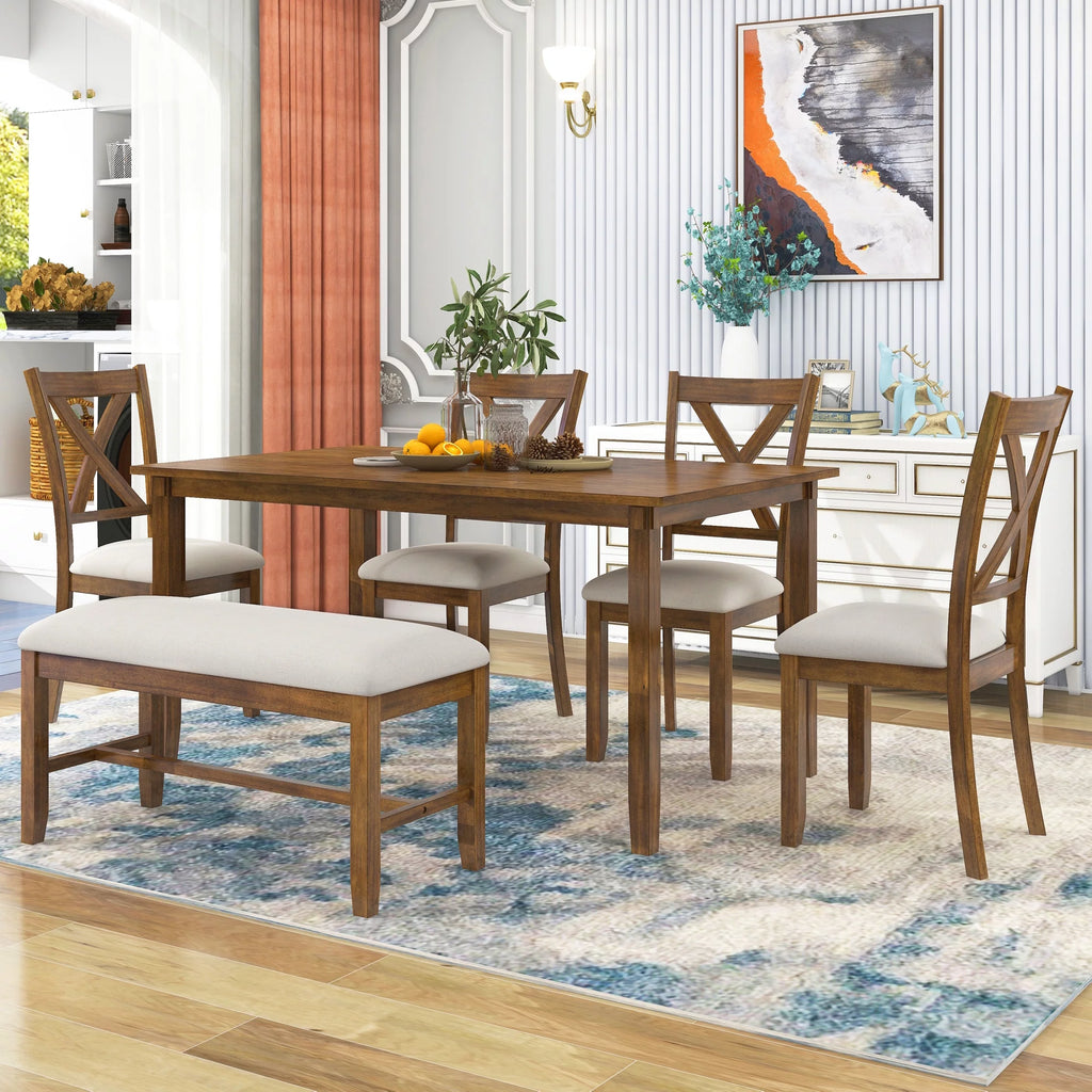 6-Piece Wooden Dining Table Set with 4 Chairs and Bench P9346