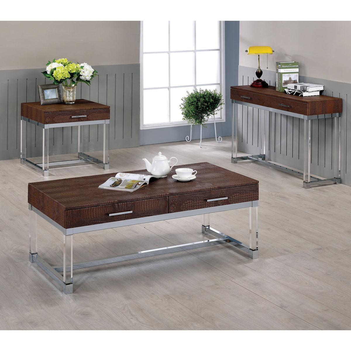 Brown Crocodile Textured Storage Sofa Table Q5809
