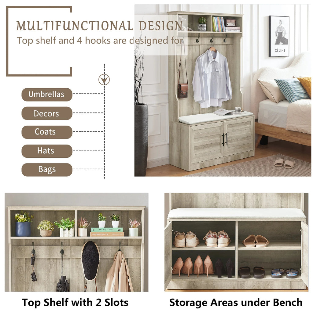 White Oak Entryway Bench with Coat Hooks and Storage Bench F814842