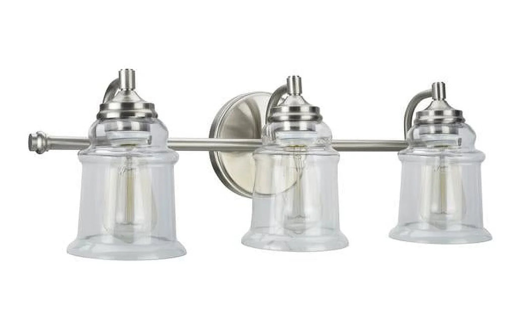 Three-Light Brushed Nickel Bathroom Vanity Wall Light Fixture with Clear Glass Shade C14316