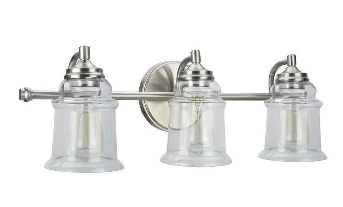 Three-Light Brushed Nickel Bathroom Vanity Wall Light Fixture with Clear Glass Shade C14316