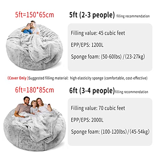 Round Soft Fluffy PV Velvet Washable Bean Bag Chair Cover 5ft Dark Grey M167585