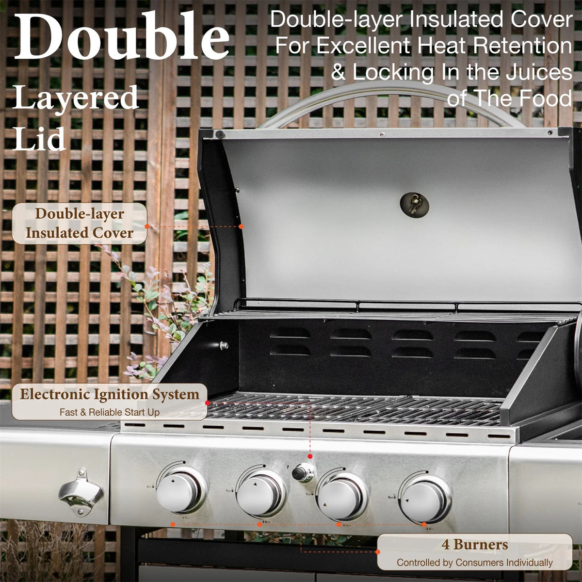 4 Burner Propane Gas Grill with Side Burner Stainless Steel A107521