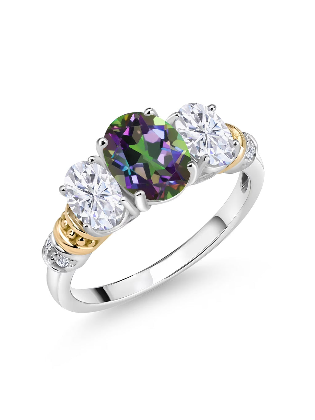 Oval Green Mystic Topaz White Moissanite and White Diamond 3 Stone Ring M12444