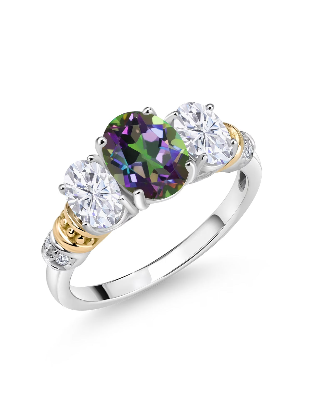 Oval Green Mystic Topaz White Moissanite and White Diamond 3 Stone Ring M12444