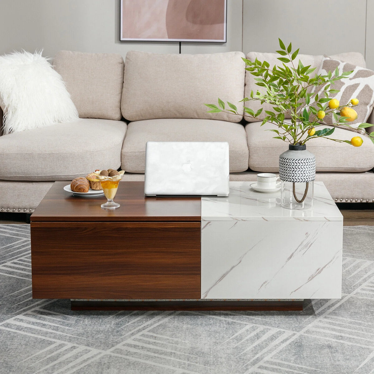 Walnut and Marble White Coffee Table with 2 Storage Drawers H2273