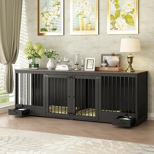 White 86.6" Heavy Duty Wooden Dog Kennel with Dog Bowl Drawers & Divider M272
