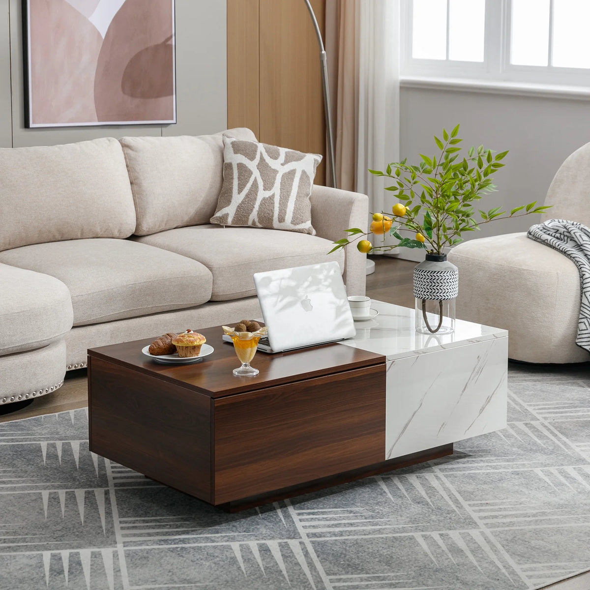 Walnut and Marble White Coffee Table with 2 Storage Drawers H2273