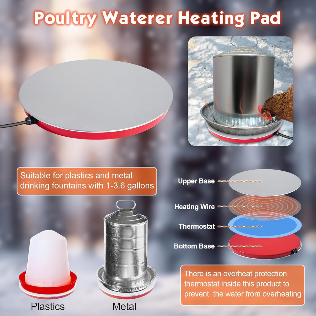 110V 80Watts Heated Chicken Waterer Metal Base N41748