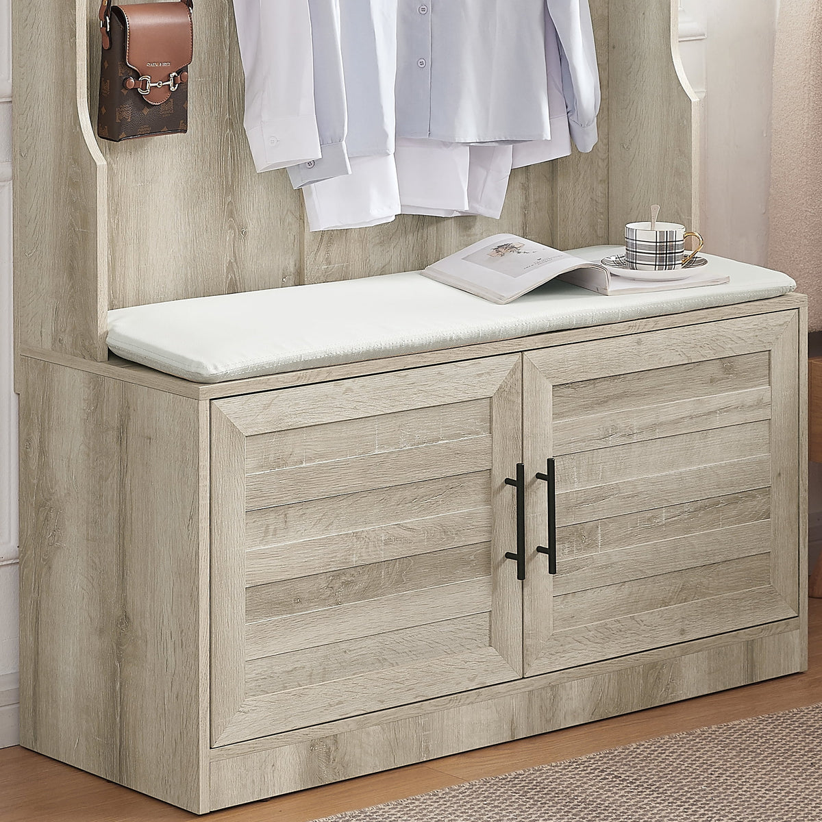 White Oak Entryway Bench with Coat Hooks and Storage Bench F814842