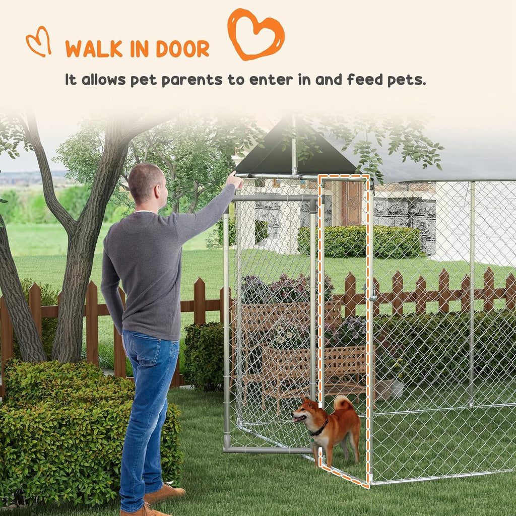 Large Heavy Duty Dog Kennel with Waterproof Cover, Galvanized Chain Link, 19.7' x 7.5' x 7.5' L783