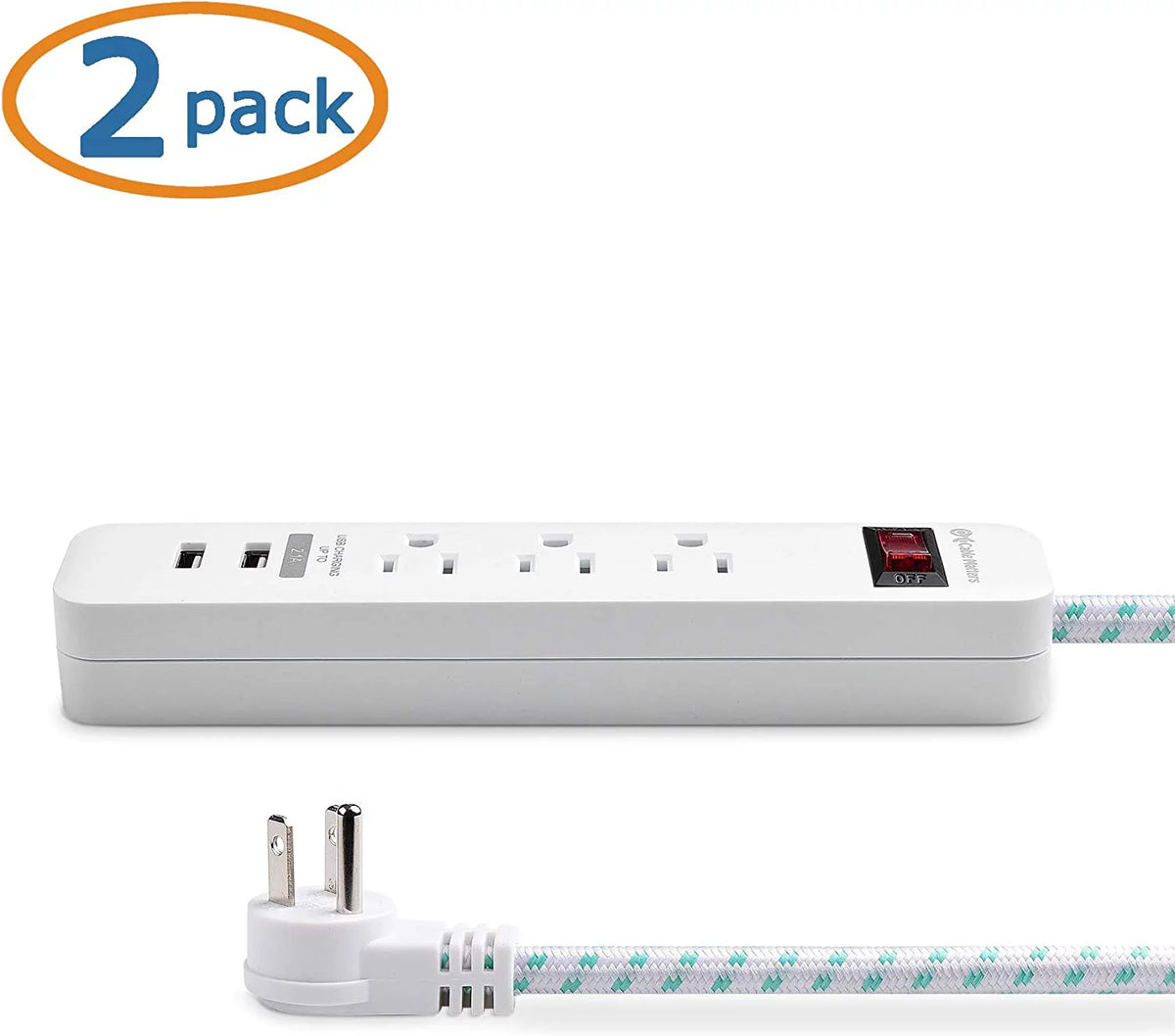 2-Pack 3 Outlet Surge Protector Power Strip with USB Charging Ports White I2920