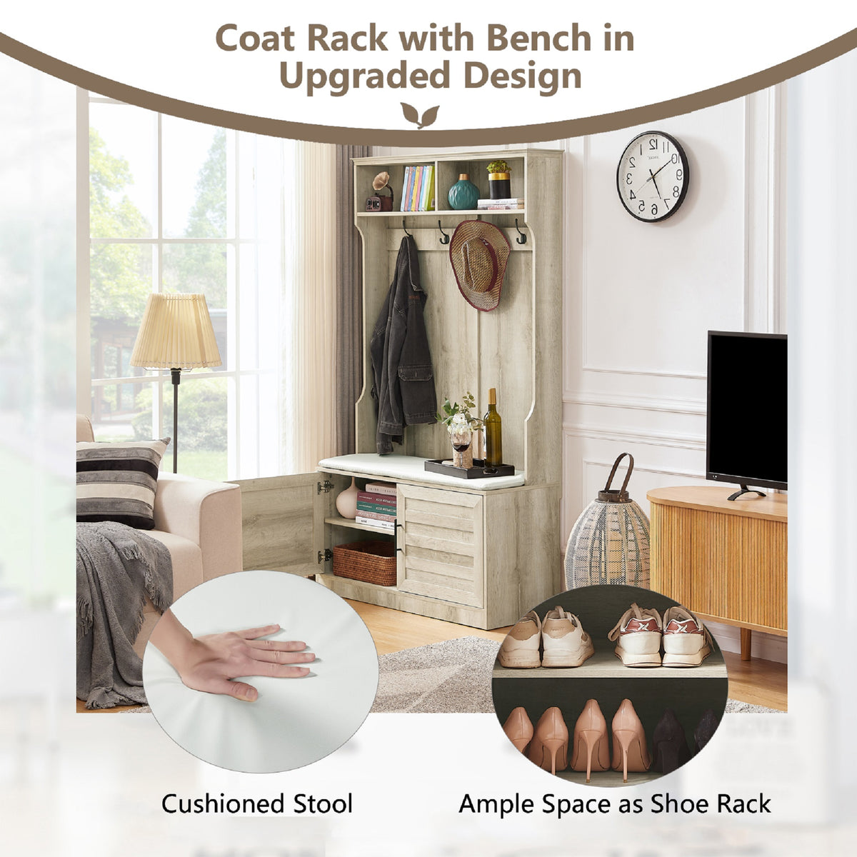 White Oak Entryway Bench with Coat Hooks and Storage Bench F814842
