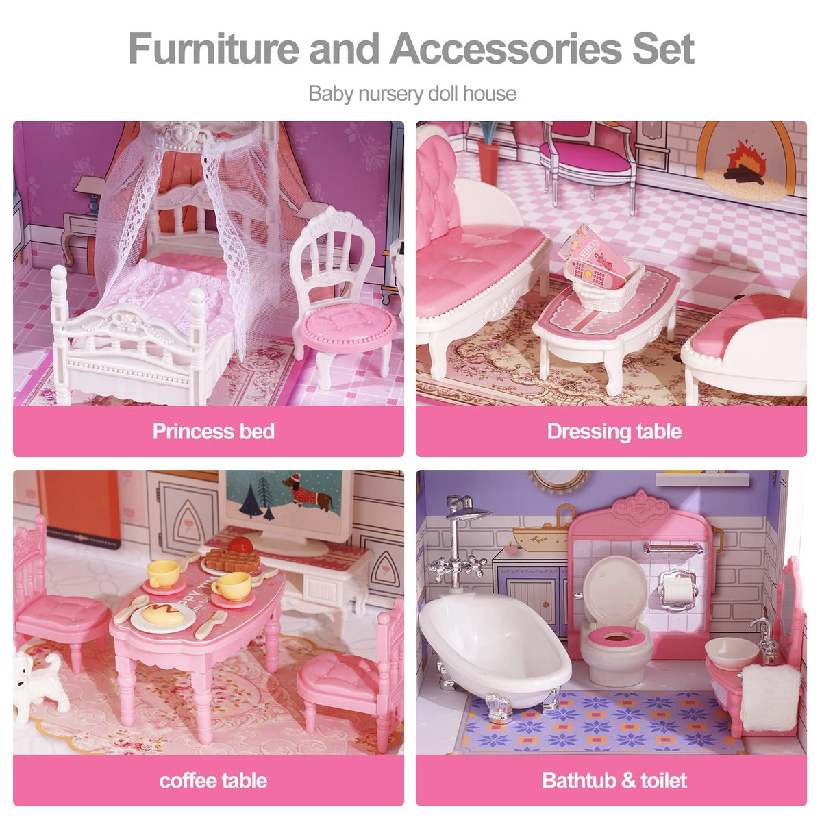 Wooden Dollhouse with 24pcs Furniture Z597045