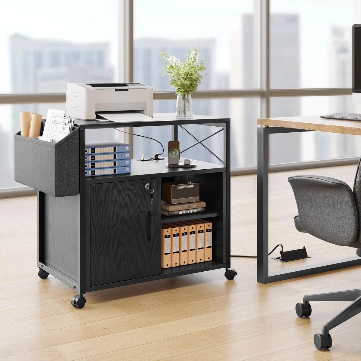 Black Lateral File Cabinet with Charging Station W655