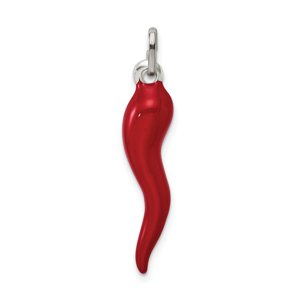 Sterling Silver Red Enamel Italian Horn Charm Pendant with Rope Chain Necklace 16'' U271