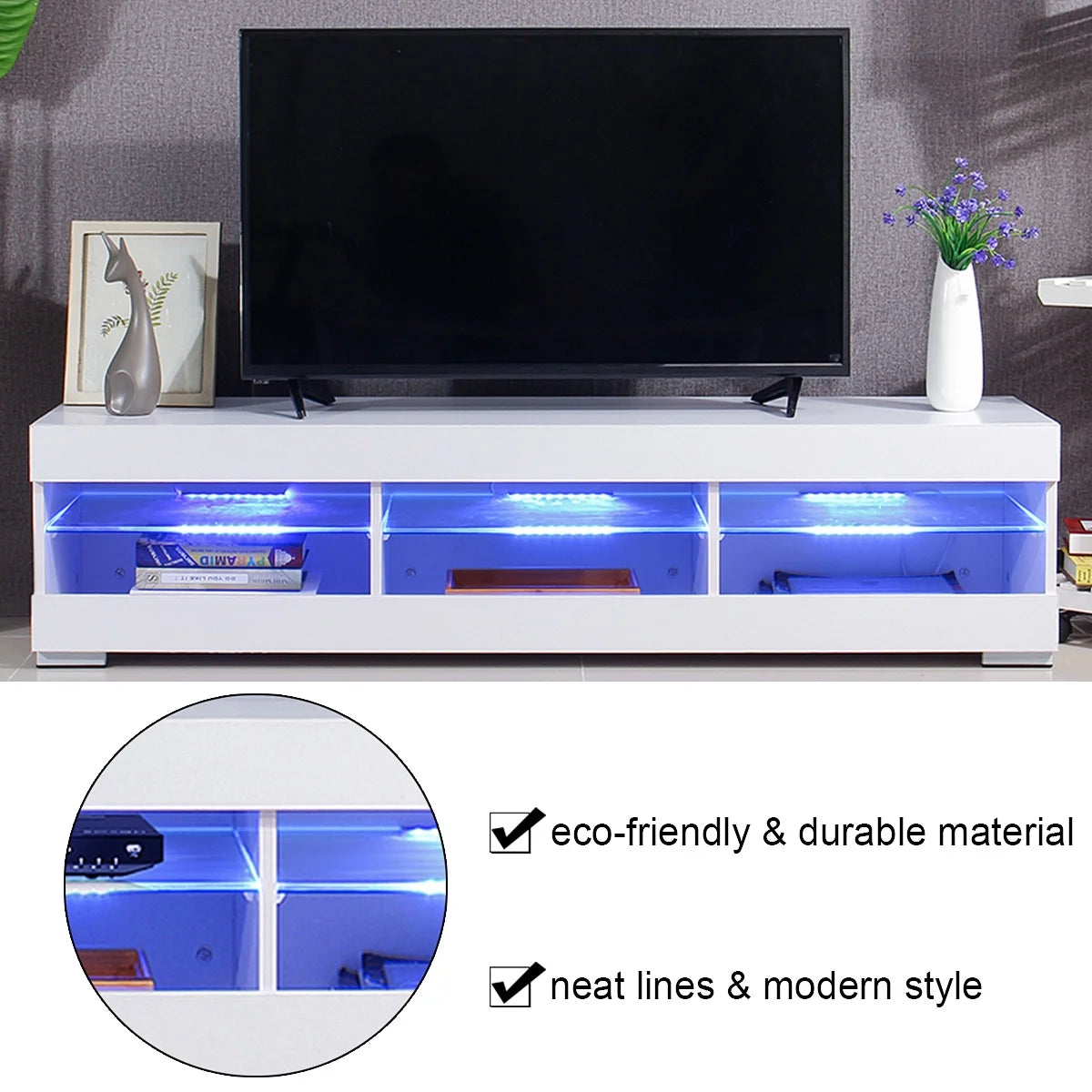 White TV Stand with LED Lights and Glass Shelf A281