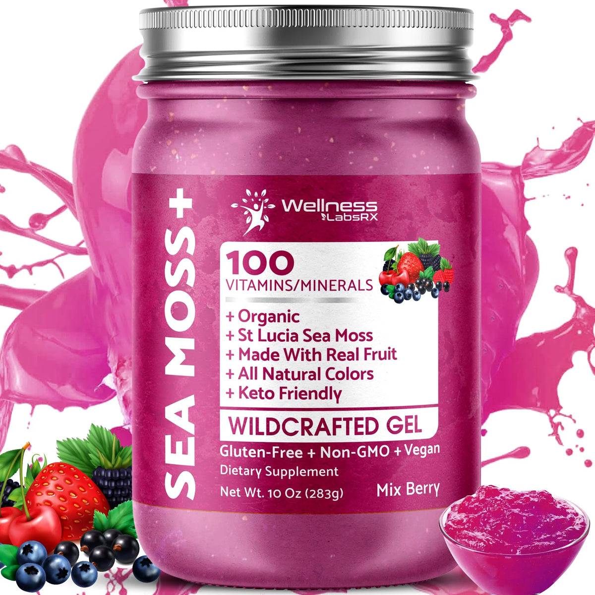 Organic Raw Wildcrafted Sea Moss Gel Mix Berry Flavor 10 oz I53682