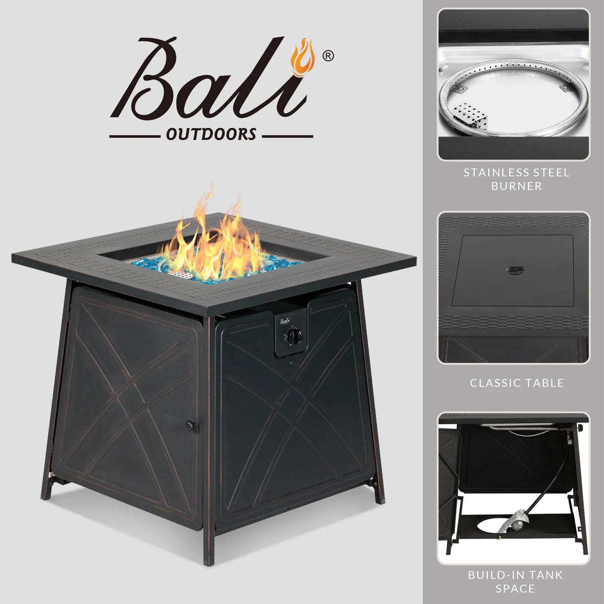28" Gas Fire Pit Table with Blue Glass Stones B439