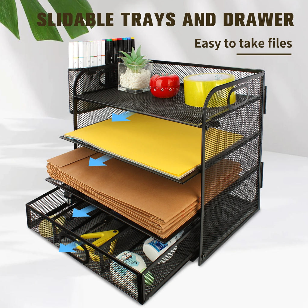 4-Tier Metal Mesh Desk Organizer with Drawer D15256