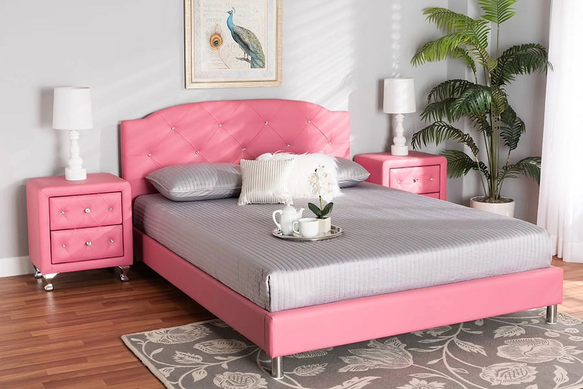 Pink Faux Leather Queen Size 3-Piece Bedroom Set A402