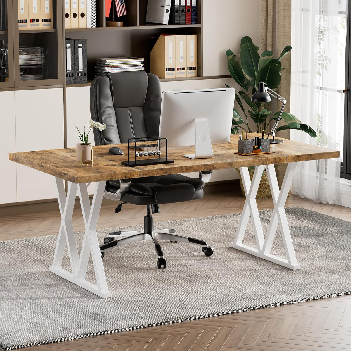 70.8 Inches Large Executive Desk with X Shaped Metal Legs & Adjustable Feet G834
