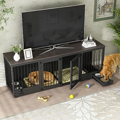 White 86.6" Heavy Duty Wooden Dog Kennel with Dog Bowl Drawers & Divider M272