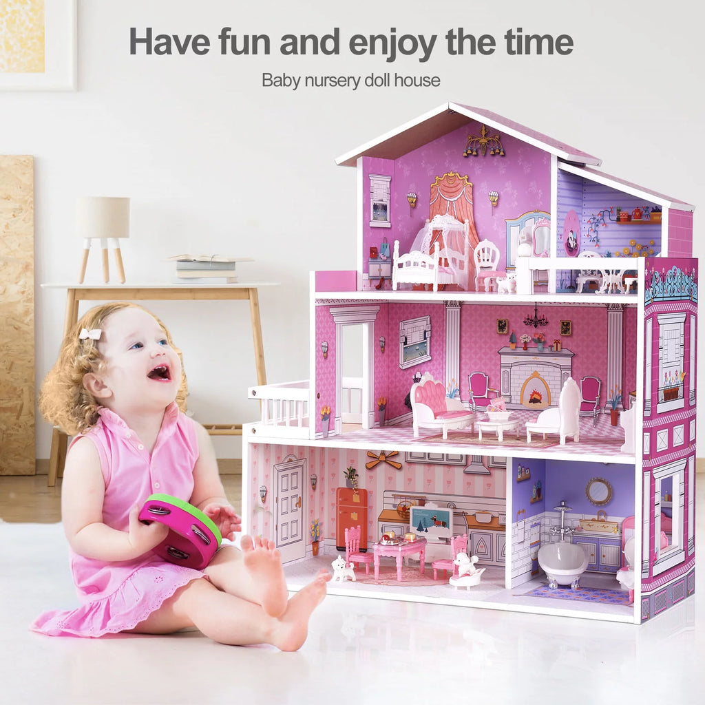 Wooden Dollhouse with 24pcs Furniture Z597045