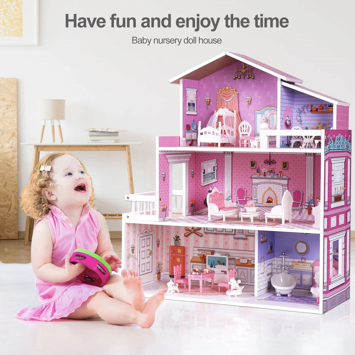 Wooden Dollhouse with 24pcs Furniture Z597045