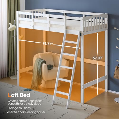 Twin Loft Bed with L-Shaped Desk and 3 Storage Drawers, Solid Wood, White Y616