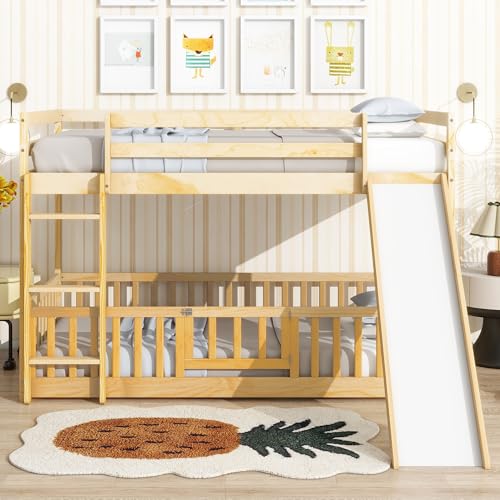 White Twin Over Full Size Pine Wooden Bunk Bed with Slide M240791