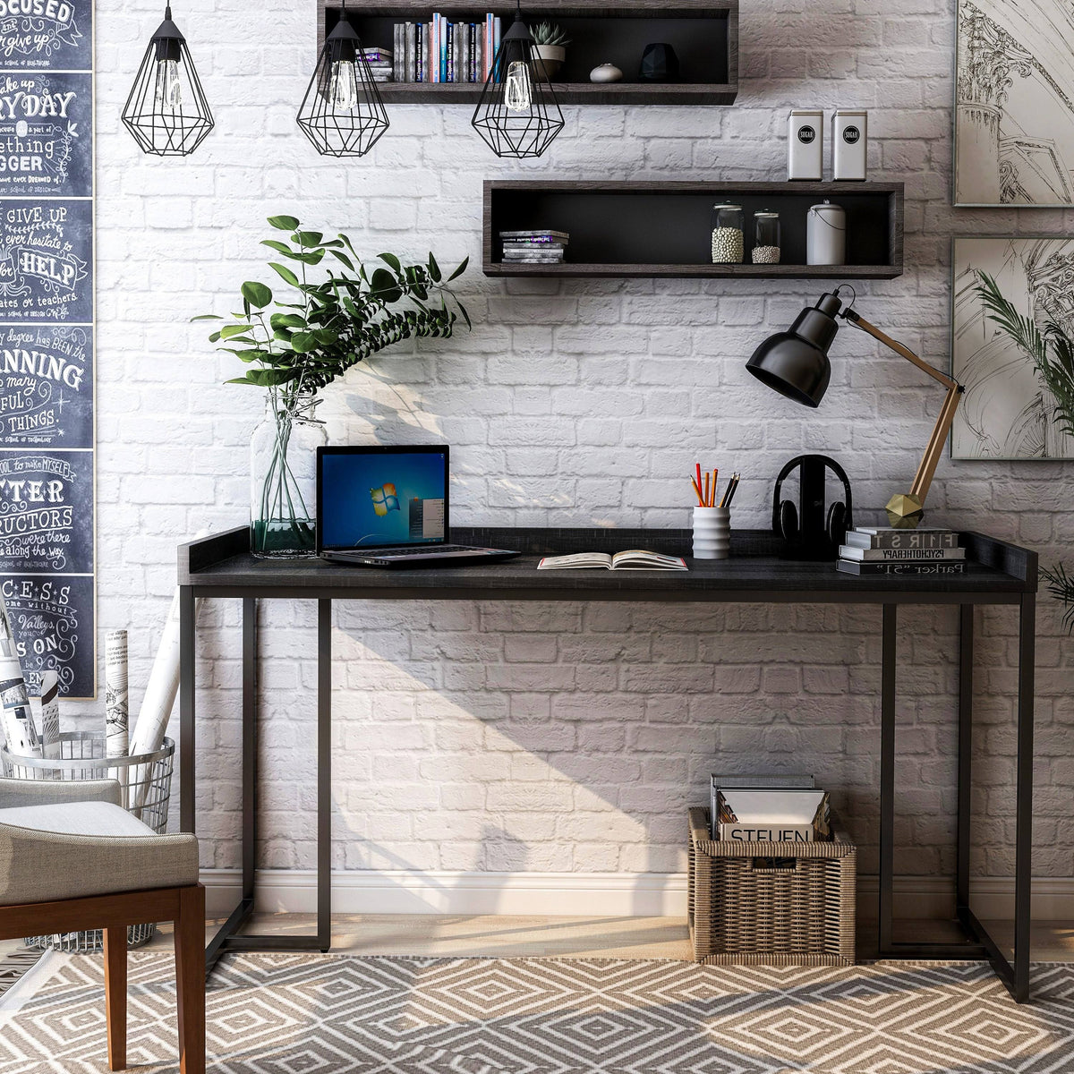 Black Industrial Computer Desk with USB Port J88040