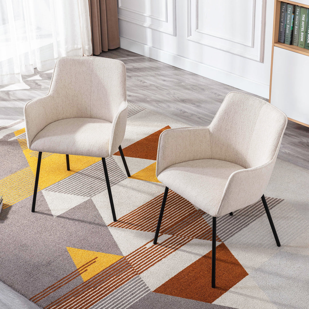Beige Linen Upholstered Dining Chairs Set of 2 with Black Metal Legs R140