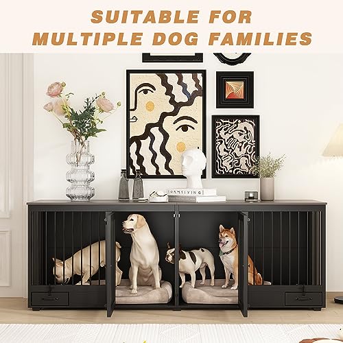 White 86.6" Heavy Duty Wooden Dog Kennel with Dog Bowl Drawers & Divider M272