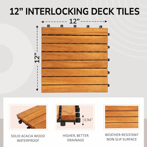 10 PCS Waterproof Acacia Wood Patio Tiles, 12”x12” (10sq.ft per Box) V22202