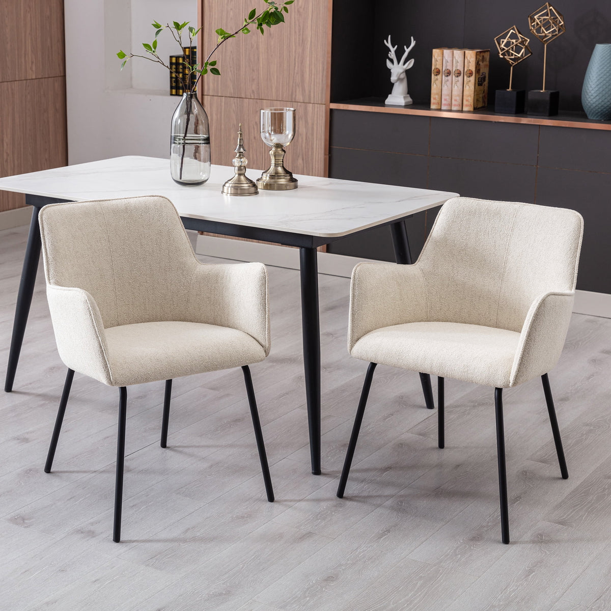 Beige Linen Upholstered Dining Chairs Set of 2 with Black Metal Legs R140