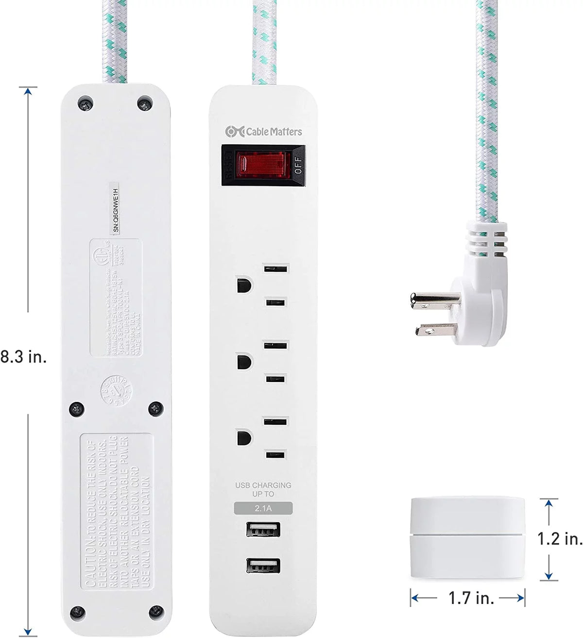 2-Pack 3 Outlet Surge Protector Power Strip with USB Charging Ports White I2920