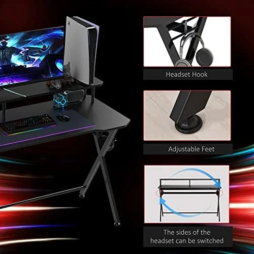 55 Inch Black Gaming Desk with Monitor Stand T365
