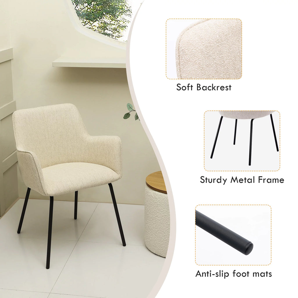 Beige Linen Upholstered Dining Chairs Set of 2 with Black Metal Legs R140