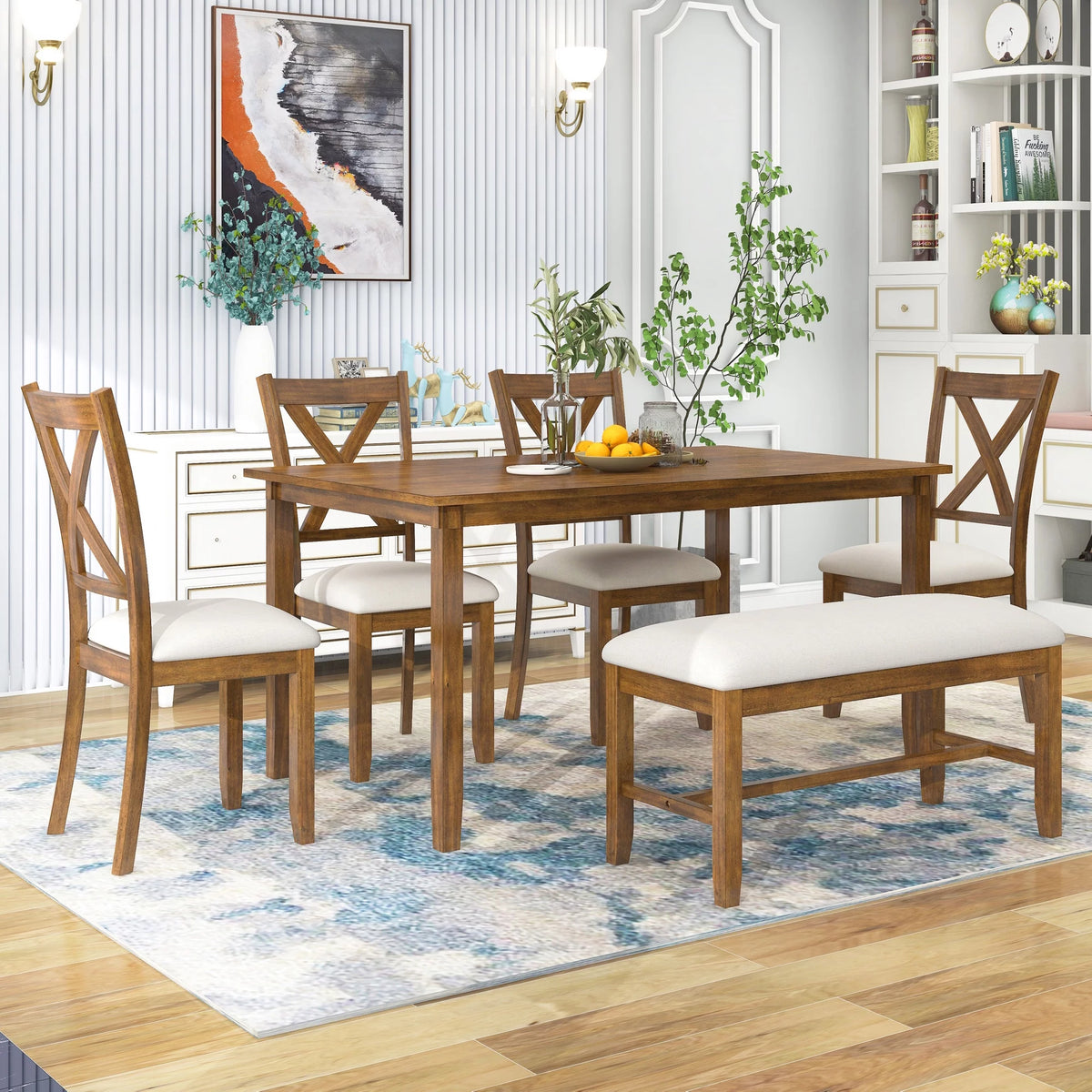 6-Piece Wooden Dining Table Set with 4 Chairs and Bench P9346
