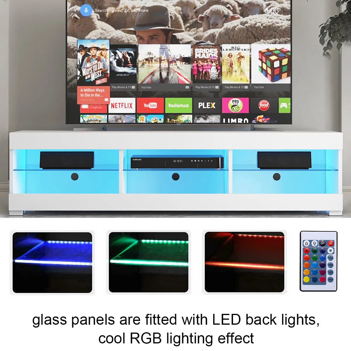 White TV Stand with LED Lights and Glass Shelf A281