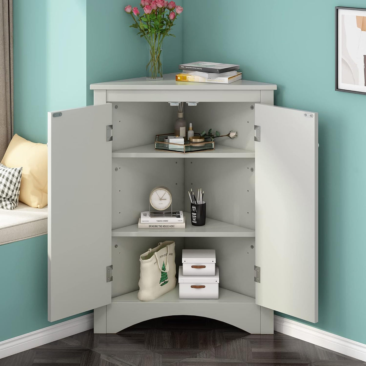 Grey Bathroom Corner Cabinet with Two Doors T838
