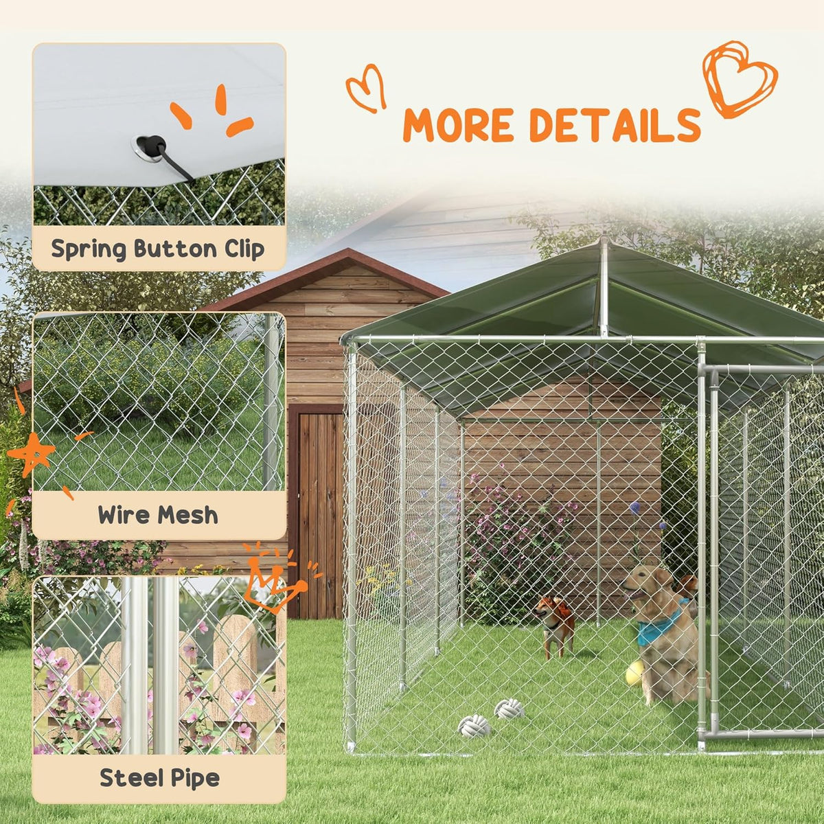 Large Heavy Duty Dog Kennel with Waterproof Cover, Galvanized Chain Link, 19.7' x 7.5' x 7.5' L783