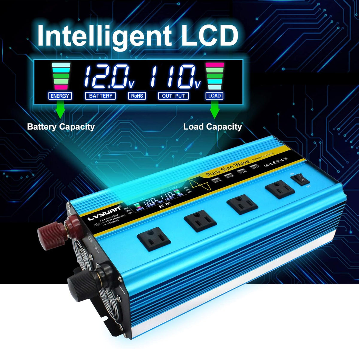 3000 Watt Pure Sine Wave Inverter 12V to 110V DC to AC with LCD Display 4 AC Sockets 4 USB Ports N7828